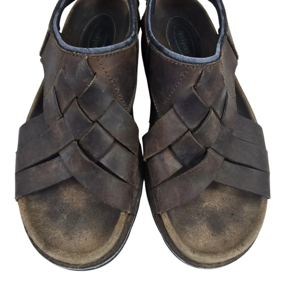 Rockport Mens 10 Crossband Brown Leather Sandals Fisherman MZ632 Open Toe Adjust